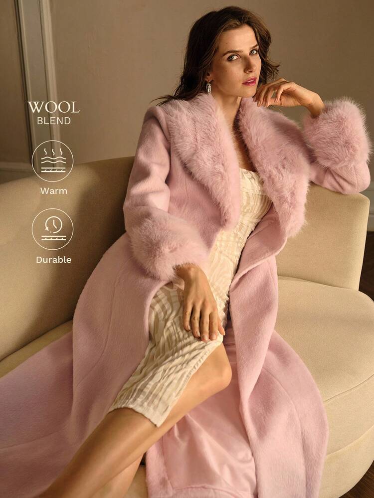 WOMEN'S WOOL PINK CONTRAST FUZZY TRIM LONG COAT