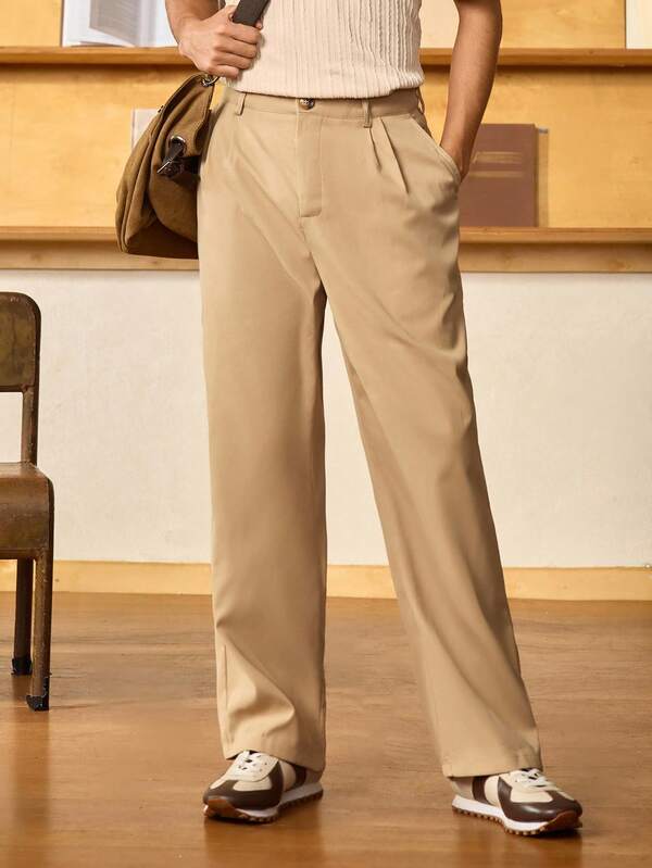 Open Phase STONE DISTRICT 1 件男士纯色微褶直筒薄款面料正装裤，学院风，适合秋冬