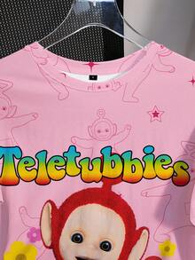 Teletubbies X SHEIN Camiseta de manga corta con gráficos de dibujos animados y letras lindas para mujer, de verano