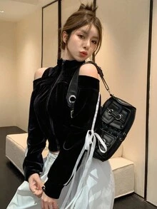 DAZY 女士天鹅绒撞色拼布蝴蝶结短款运动衫、长袖上衣、秋季服装夹克拉链