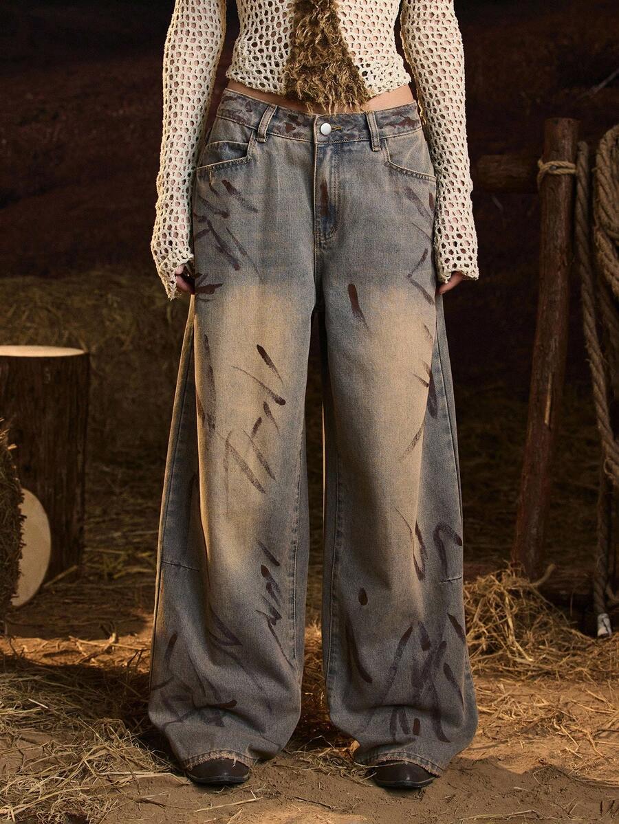 Easelle Vintage Nomadic Tie-Dye Casual Y2K Straight Leg Low Waist Women Jeans Baggy Jeans Y2k Cowboy Pants For Women Cowgirl Pants Wide Leg Jeans Woman Western Pants - Multicolor - View 1
