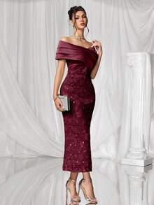 Coutiva 优雅落肩露背果绿色缎面拼接提花亮片下摆直裙后开衩派对礼服，适合生日派对、日常聚会、舞会礼服、鸡尾酒会、毕业典礼、学校开学派对等。