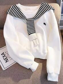 Resyla 大码休闲骑士刺绣圆领长袖运动衫，百搭女式上衣 - 白色 - 查看 1