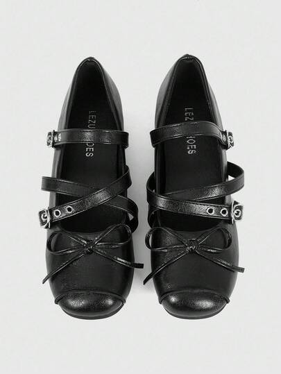 Grunge Punk 1 Pair French Street Style Bowknot Ballet Flats, Square Toe Mary Jane Shoes