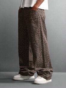 SUMWON 棉质豹纹阔腿宽松牛仔裤高腰牛仔裤舒适街头风节日裤秋冬时尚休闲裤 - 棕色 - 查看 4