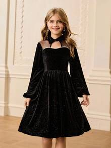 Đầm ôm vừa vặn tay dài phối lưới nhung lấp lánh màu đen sang trọng thanh lịch cho bé gái tuổi mới lớn - màu đen - Xem 1