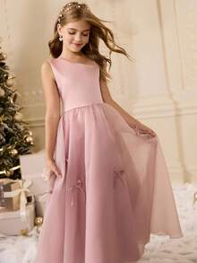 少女甜美公主风单肩缎面网纱无袖连衣裙，配蝴蝶结，适合婚礼、花童、生日派对、圣诞节、万圣节、毕业典礼等秋冬季场合。 - 粉色 - 查看 8