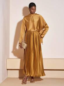 Zivah Early Autumn/Winter New Styles For Birthday Parties, Graduation Season, Daily Outings, Basic, Versatile, Casual Vacation, Cruise Travel, Internet Celebrities, Popular, Casual, Elegant, Commuting, Casual, Street Party, OL Style, Cross-Neck, Fluttered, Tie, Scarf Design, Long-Sleeved Loose Top + Pleated Skirt, Super Long Skirt, Brownish-Yellow Satin Shiny Woven Fabric Set, Women's Two Pieces Set -A - Brown - View 4