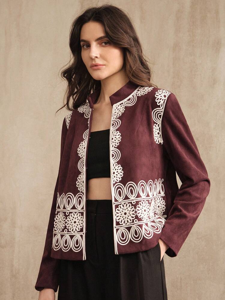 Vintage Style Stand Collar Contrast Color Embroidered Long Sleeve Women's Jacket, Casual Everyday Wear, Suitable For Fall, Winter, Going Out, Elegant, Chic, Formal, Christmas, Wedding, Elegant Party