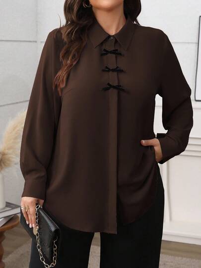 Vionelle חולצת עבודה בסגנון צרפתי אלגנטי בצבע אחיד לנשים במידות גדולות, צווארון חולצה, חזית פתוחה, קישוט פפיון, שרוול ארוך