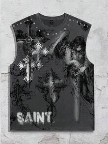 ROMWE MEN Goth Men's Summer Fashion Angel Cross Print Tank Top, 2000s Style - Grey - View 6