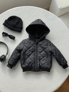 Chaqueta con capucha con cremallera, forro térmico, bolsillos laterales con cremallera, patrón de cuadros de diamante, para bebés niños y niñas, casual, versátil, suave y cómoda, adecuada para jugar en la nieve - Negro - Ver 6