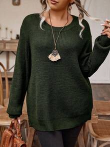 EMERY ROSE Plusstorlek Casual Enfärgad Nedsänkt Axelringad Lös Stickad Tröja, Höst/Vinter - Mörk Grön - Visa 6
