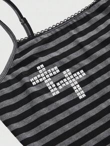 ROMWE Goth 2件套女士百搭针织弹力十字铆钉条纹吊带背心和短裤套装 - 黑色 - 查看 2