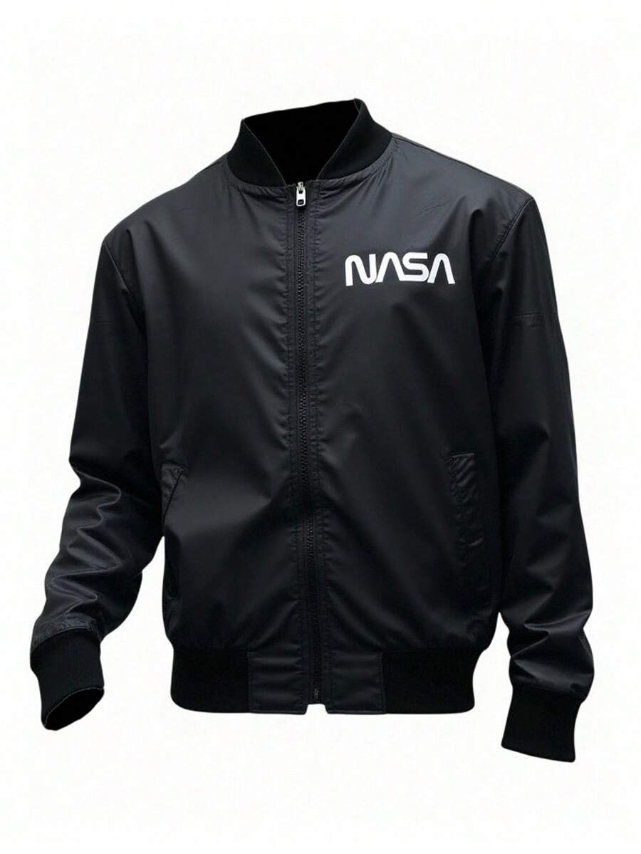 SHEIN Chaqueta casual con cremallera y cuello de béisbol de unicolor para chicos adolescentes, versátil y adecuada para ir al trabajo, la escuela, actividades casuales, viajes, fiestas al aire libre, deportes, ideal para otoño/invierno - Negro - Ver 1