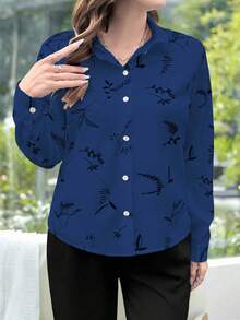 EMERY ROSE Plus Size Women Casual Beige Printed Long Sleeve Shirt - Navy Blue - View 5