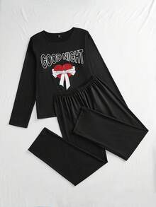 SHEIN Teen Girl 2pcs Heart & Bowknot Letter Print Crew Neck Long Sleeve Top & Long Pants Pajama Set (Comfortable Home Wear), Christmas - Black - View 1