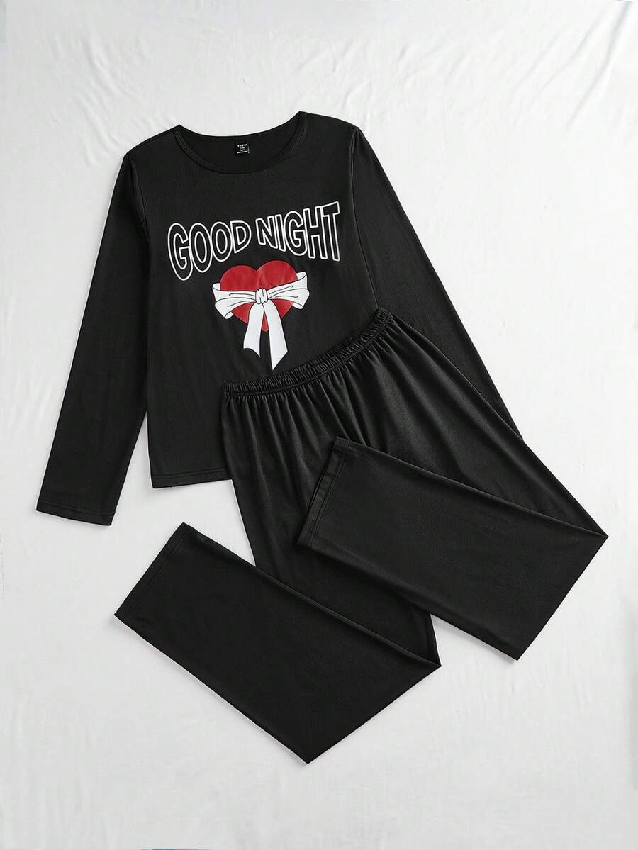 SHEIN Teen Girl 2pcs Heart & Bowknot Letter Print Crew Neck Long Sleeve Top & Long Pants Pajama Set (Comfortable Home Wear), Christmas - Black - View 1
