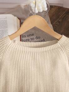 SHEIN Tween 女童休闲圆领长袖镂空蝴蝶结针织毛衣，秋冬 - 杏色 - 查看 4