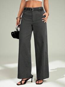 SHEIN PETITE 女士休闲时尚夏季度假条纹印花口袋宽松长裤，适合日常穿着 - 深灰色 - 查看 2