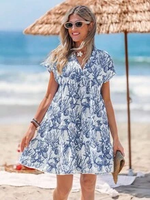 Sylviya Váy ngắn mùa hè cổ chữ V họa tiết vỏ sò và bãi biển thường ngày cho nữ để mặc hàng ngày - Xanh và trắng - Xem 3