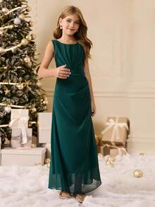 Đầm dự tiệc thanh lịch cho bé gái tuổi teen, thích hợp cho lễ tốt nghiệp, đám cưới, dạ hội, đầm dạ hội màu xanh ngọc lục bảo bằng chiffon không tay, dáng midi, thích hợp cho Halloween, tiệc Giáng sinh, các dịp trang trọng; đầm công chúa bằng voan voan thời trang cho mùa tựu trường. - màu xanh lá - Xem 3