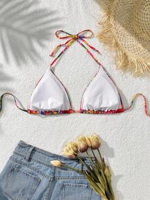 Slaydiva 1 pieza Parte superior de bikini casual con triángulo y cubierta extra para mujer de talla grande con estampado aleatorio - Multicolor - Ver 2