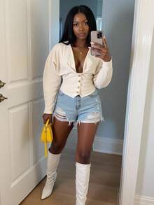 BamGleam Áo khoác ngắn tay cổ chữ V sâu, thắt eo, thắt nơ sau lưng, vải thu đông dành cho nữ, kiểu dáng nghệ thuật cổ điển tối giản, thanh lịch, thời trang mới dành cho nữ - Màu be - Xem 6