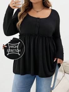 SHEIN CURVE+ 大码女式黑色方领荷叶边下摆长袖 T 恤，秋冬 - 黑色 - 查看 1