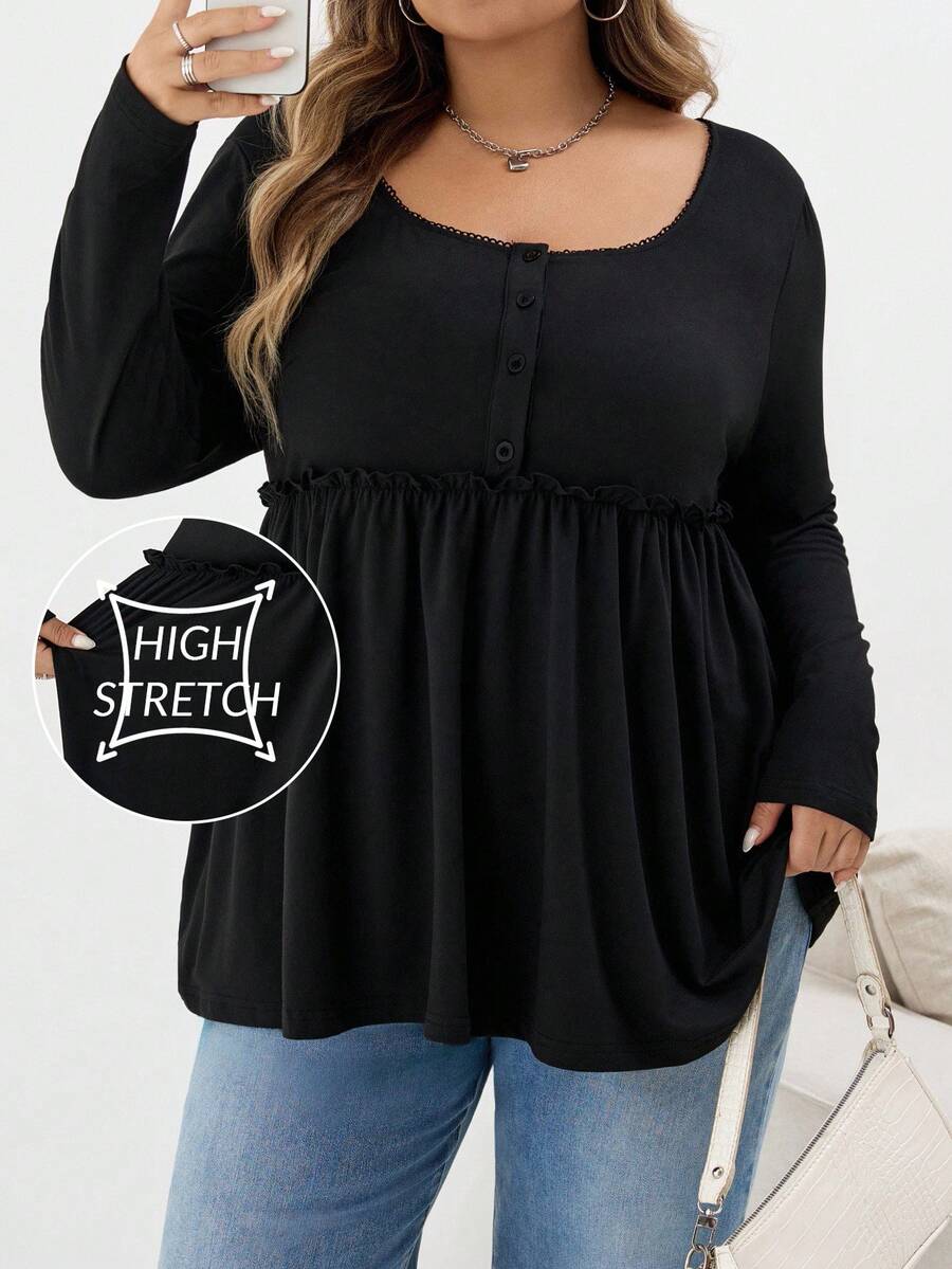 SHEIN CURVE+ 大码女式黑色方领荷叶边下摆长袖 T 恤,秋冬 - 黑色 - 查看 1