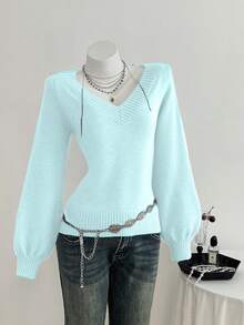 Elamini Suéter holgado de punto de unicolor con cuello en V y mangas farol para mujer