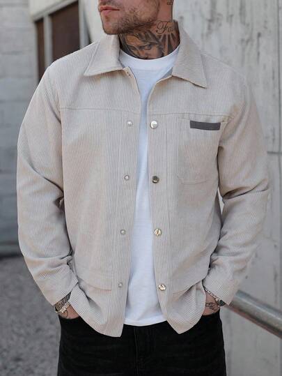 Manfinity CasualCool Men's Long Sleeve Autumn Color Block Single Breasted Pocket Casual Jacket , Men's Long Sleeve Casual Metal Buckle Front Pocket Corduroy Texture Shirt Style Jacket INS Best-Selling Casual Elegant Jacket Suitable For Spring And Autumn