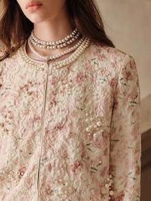Savoree Romantic, Elegant, Exquisite Lady's Floral Print, Embossed Texture, Sequins Decor Long Sleeve Round Neck Short Jacket, Suitable For Spring & Autumn