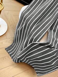 SHEIN PETITE CURVE Plus Size Casual Commuter Striped Wide Leg Linen Cotton Pants - Black - View 5