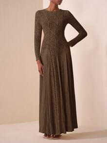 Zivah 2025新款休闲度假日常约会通勤优雅沙滩邮轮派对简约网红爆款生日派对宴会高端俱乐部圆领长袖透明玫米色蕾丝修身伞裙A字裙百褶裙长裙女士长裙-A - 棕色 - 查看 3