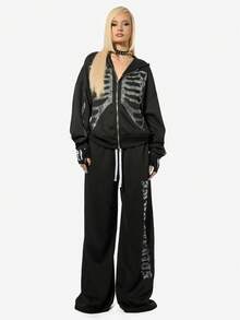 SUMWON WOMEN Oversized Rhinestone Skeleton Zip Through Hoodie With Full Front Zipper Gothic Halloween Statement Pullover - Black - View 5