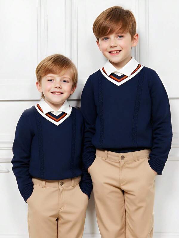 بلوزة كنزة قطنية بياقة على شكل V بدون أكمام للأولاد المراهقين