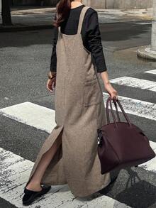 FRIFUL Vestido holgado de mujer a cuadros con tirantes, vestido maxi - Gris - Ver 2