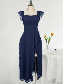 SHEIN ICON Váy ôm cổ vuông viền bèo nhún cỡ lớn, phù hợp cho đám cưới, tiệc tùng, khách dự tiệc, trang phục mùa xuân lãng mạn - Màu xanh hải quân - Xem 3