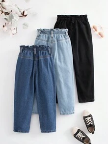 SHEIN 3pcs/Set Young Girl' Denim Pants With Ruffled Hem, Black, Navy Blue, Light Blue, Autumn/Winter Fall - Multicolor - View 2