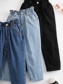 SHEIN 3pcs/Set Young Girl' Denim Pants With Ruffled Hem, Black, Navy Blue, Light Blue, Autumn/Winter Fall - Multicolor - View 3
