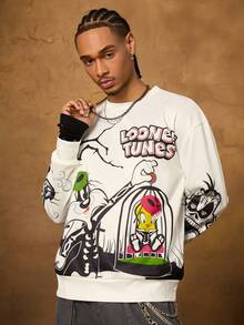 LOONEY TUNES X SHEIN Áo nỉ chui đầu cổ tròn tay dài họa tiết hoạt hình và đầu lâu cho nam, mùa thu - trắng - Xem 4