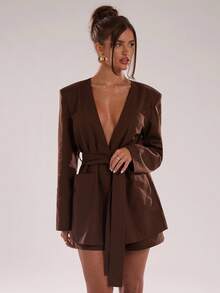 SHEIN BAE Women's Solid Color Regular Shoulder Long Sleeve Crossed Wrap Fashion Blazer,Fall Clothes For Women,Autumn Clothing For Women ,Winter Clothes For Women, Halloween,Christmas,New Year,Brown Suit With Shorts, Casual, Commuting, Brown Two Piece Set Women