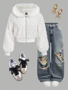 SHEIN Girlism Tween Girl Casual White Textured Double-Sided Faux Fur Hooded Jacket In Fall/Winter - White - View 8