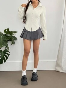 Flirla Áo sơ mi nữ màu trơn đơn giản, đa năng, thắt eo - Kem - Xem 4