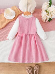 Baby Girl Frill Mock Neck Puff Sleeve White Shirt And Sleeveless Dress With Oversized Bow Decor Set, Elegant Casual Fashion Outfit Fall Winter - Multicolor - View 4