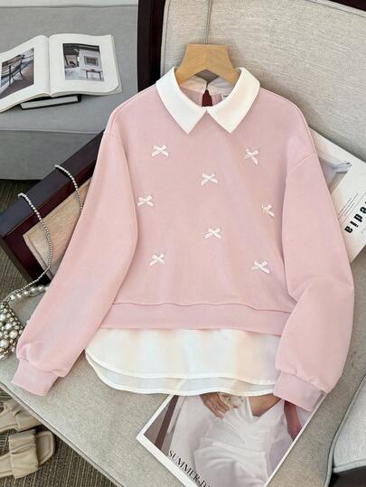 SHEIN Teen Girls Sweatshirts With Shirt Collar Patchwork, Bow Decor, Pullover Long Sleeve Elastic Hoodie Fall Winter Cute Sweatshirt Cute Plain Sweatshirts For Teens Bow Sweatshirt Sweatshirt For Teen Girls Sweater With Bows