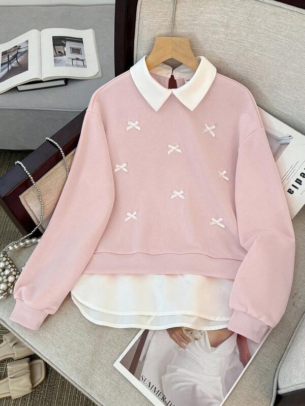 SHEIN Teen Girls Sweatshirts With Shirt Collar Patchwork, Bow Decor, Pullover Long Sleeve Elastic Hoodie Fall Winter Cute Sweatshirt Cute Plain Sweatshirts For Teens Bow Sweatshirt Sweatshirt For Teen Girls Sweater With Bows