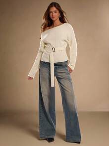 SHEIN BAE 女士常规纯色斜肩落肩长袖休闲毛衣，秋季 - 杏色 - 查看 4