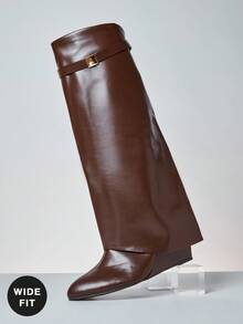 SHUZIA Women's Wide-Calf Knee High Fold Over Pointy Toe Wedge Boots For Christmas - Brown - View 3